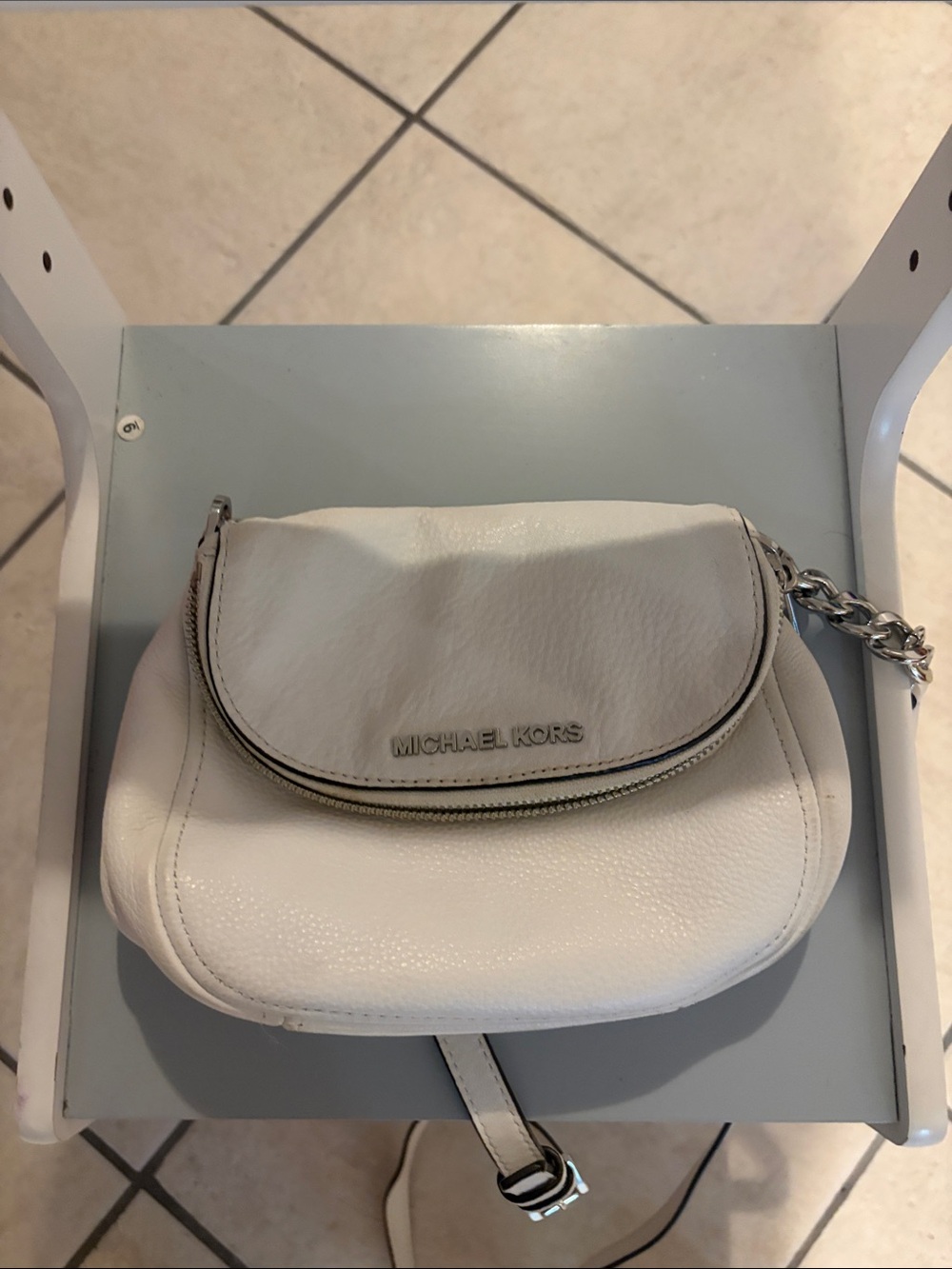 Michael Kors White Pebbled Leather Flap Crossbody with Chain Accent